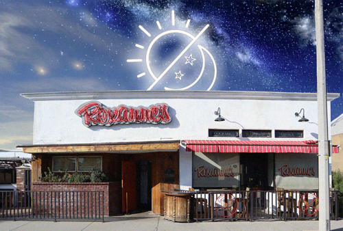 Roxanne’s, one of the best bars in Long Beach, featuring a unique sky transitioning from day to night, a glowing sun-and-moon icon, and vibrant interior lights. This image highlights Roxanne’s as a top Long Beach bar, welcoming guests from sunset to late night with craft cocktails, live music, and an unforgettable atmosphere.